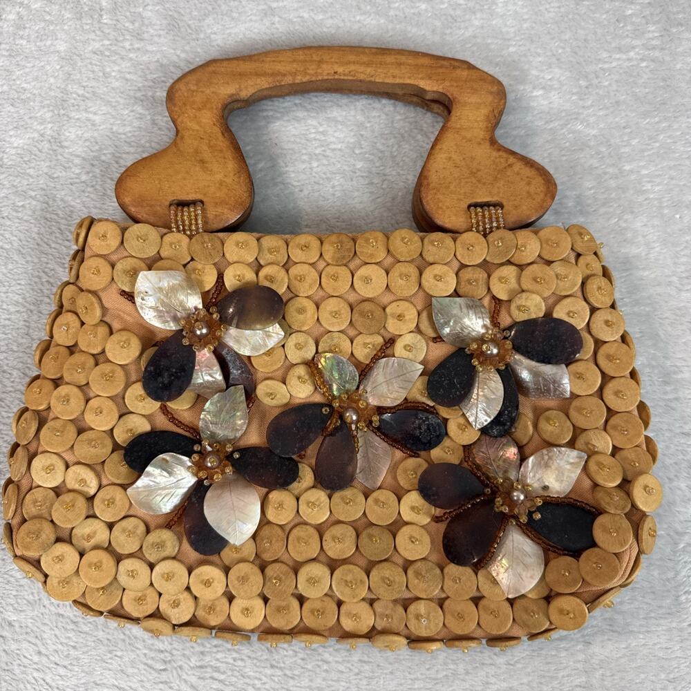 Vtg Wooden Boho Beaded Hippie Appliqué Floral Shape Bag Festival Nicole Lee